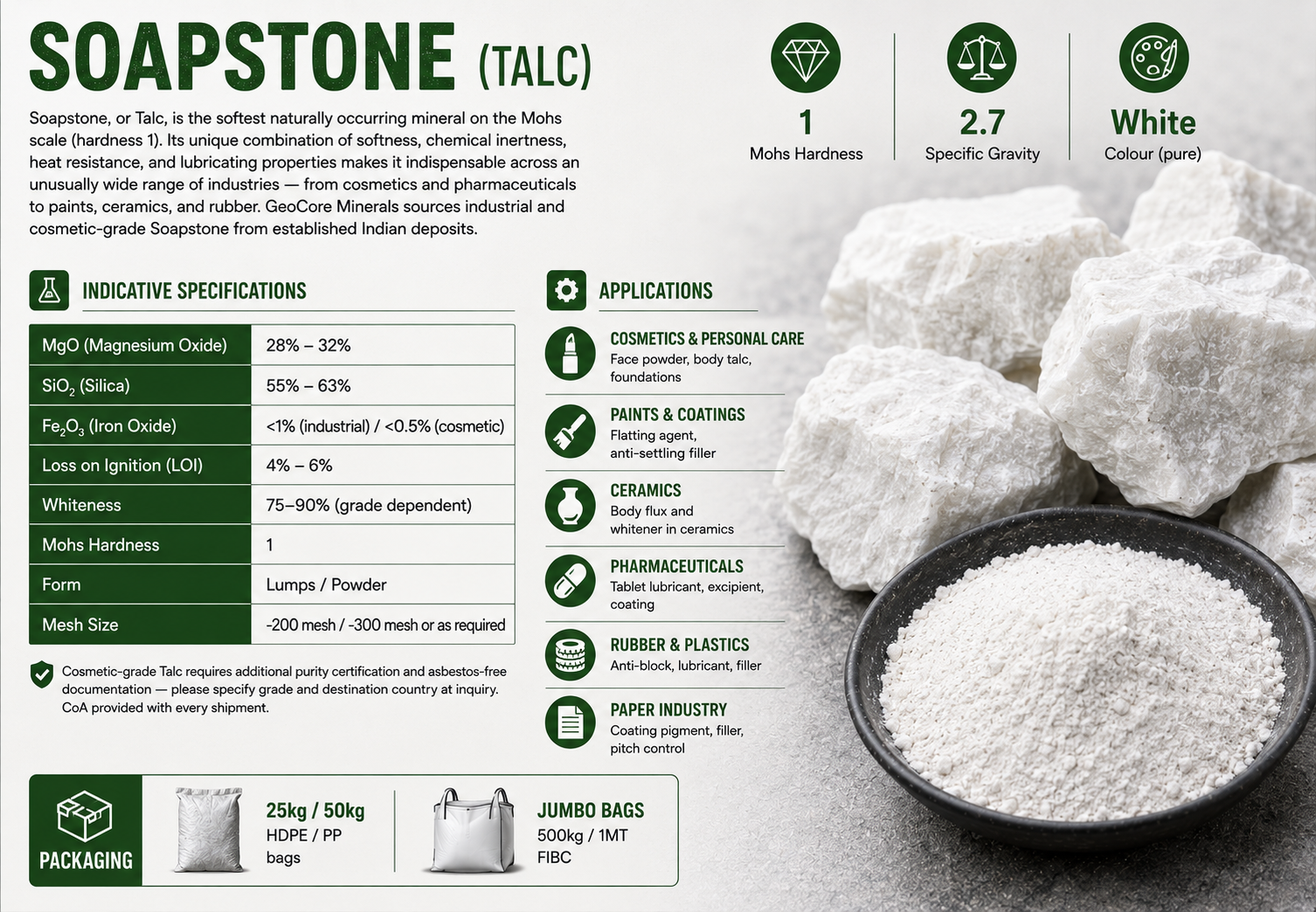 Soapstone Talc mineral India cosmetic industrial grade